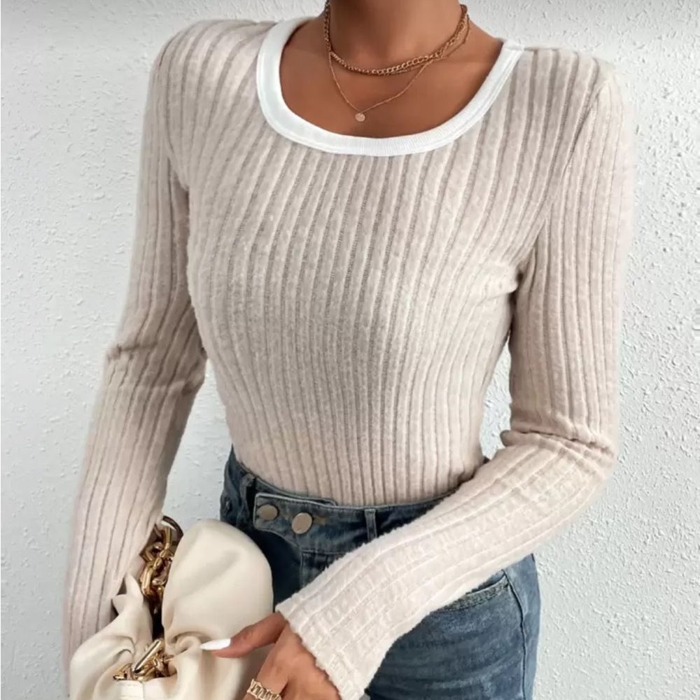 Ribbed Beige Long Sleeve Top